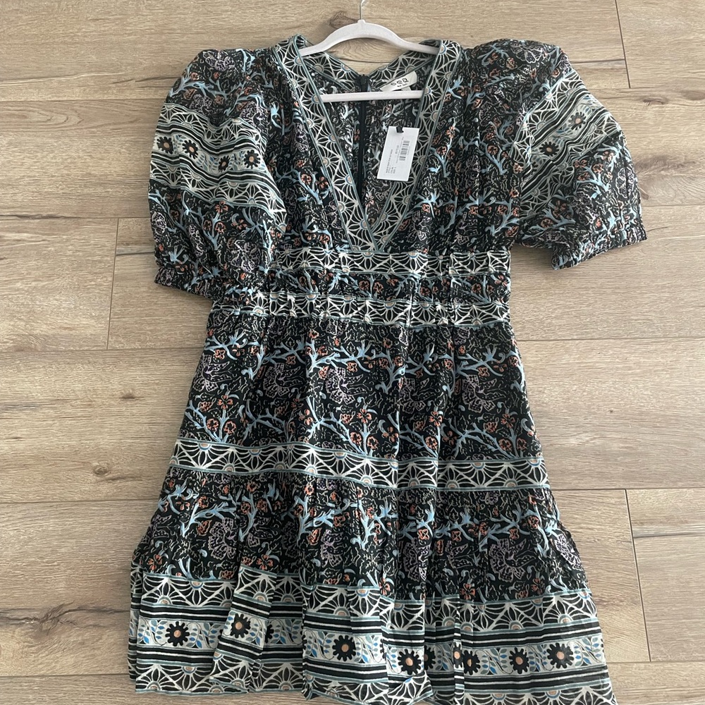 Sea New York Black and White Midi Dress with Floral Patterns